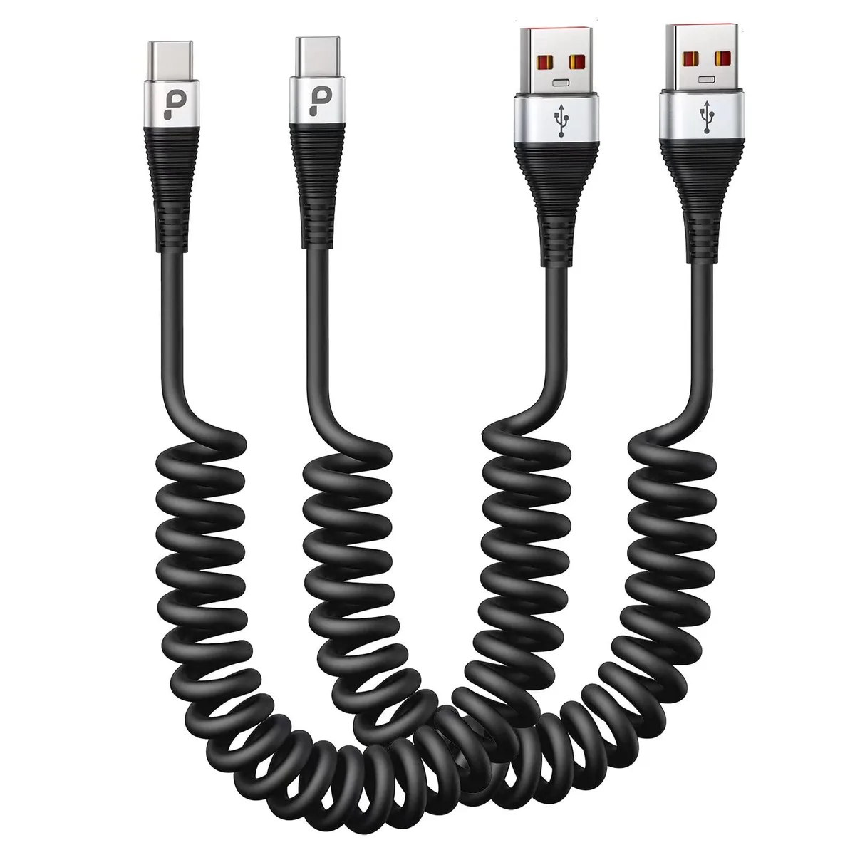  GE Coiled USB A to USB C Cable 3ft 2-Pack Silver 66W 480Mbps — product photo