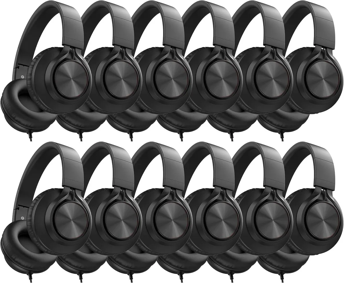 Twelve black foldable headsets with 3.5mm jacks and boom mics