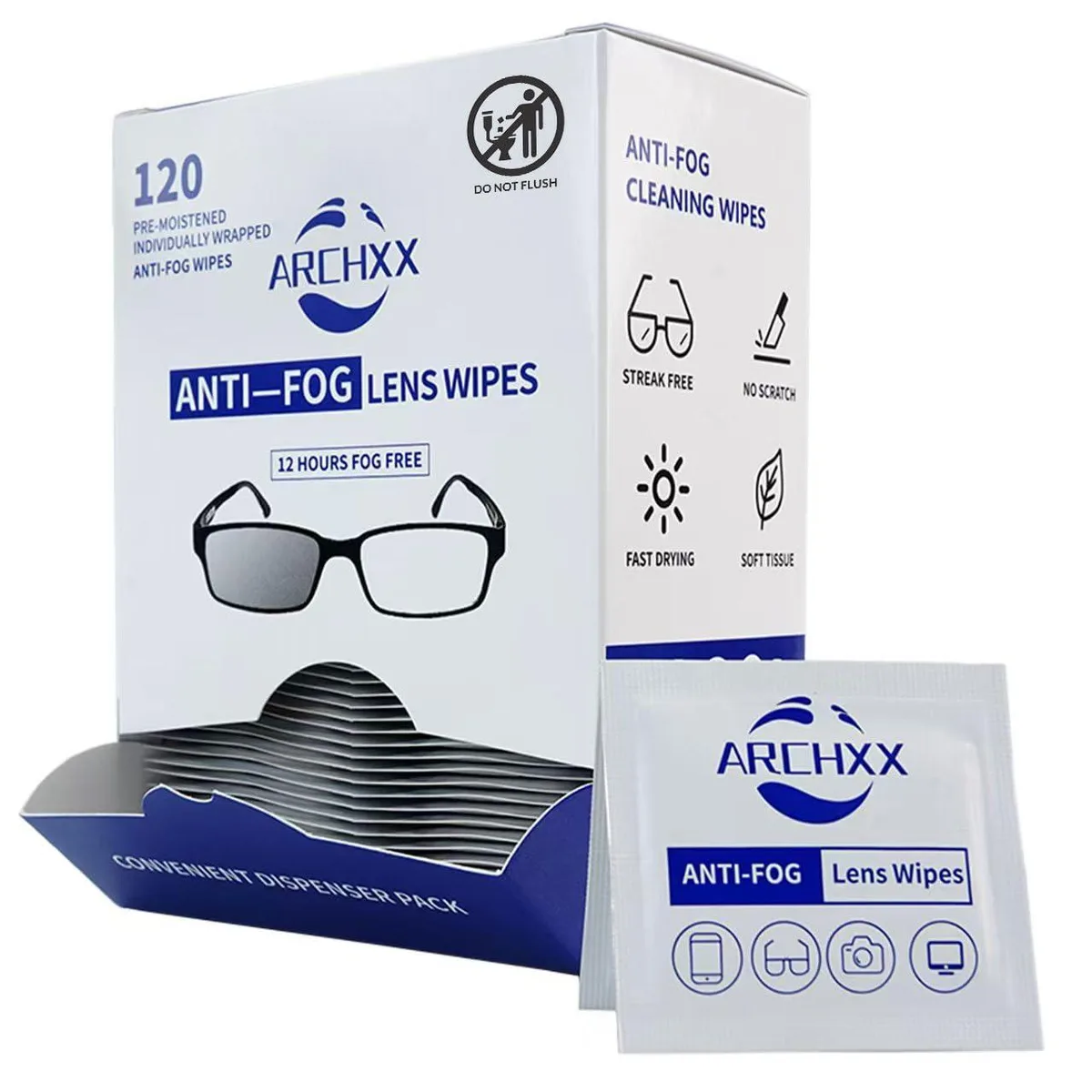Box of 120 individually wrapped anti-fog lens wipes