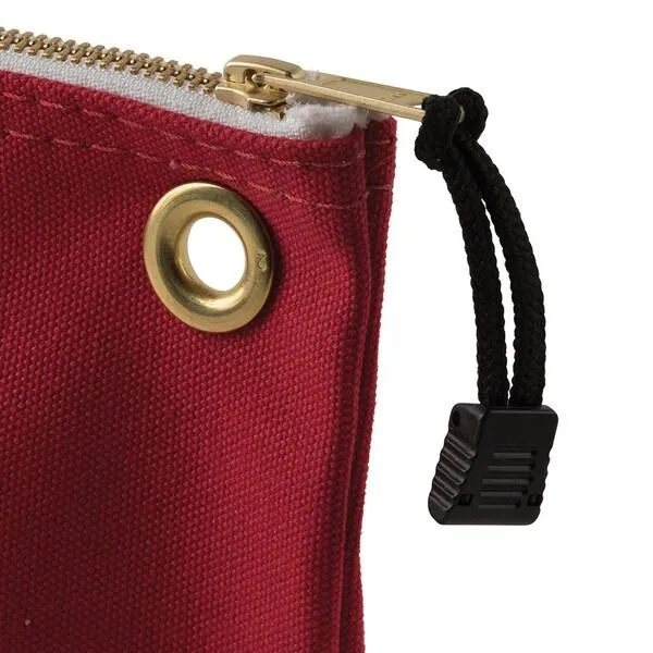 Red canvas tool bag, rectangular shape, zippered closure, flat profile, gusseted bottom, brass grommet, no pockets, no handles