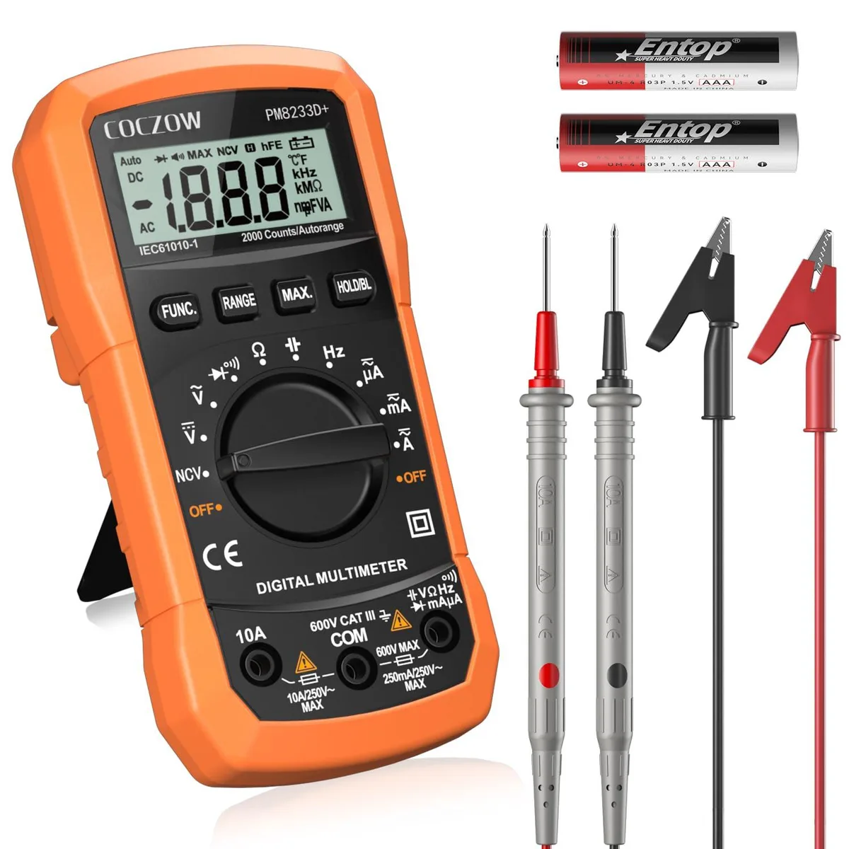 Black handheld digital clamp multimeter with backlit LCD display and fold-out stand