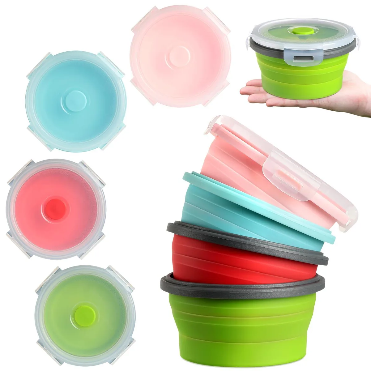 Four collapsible silicone bowls with lids in red pink blue green, folded flat showing 5.51 by 1.18 inch profile