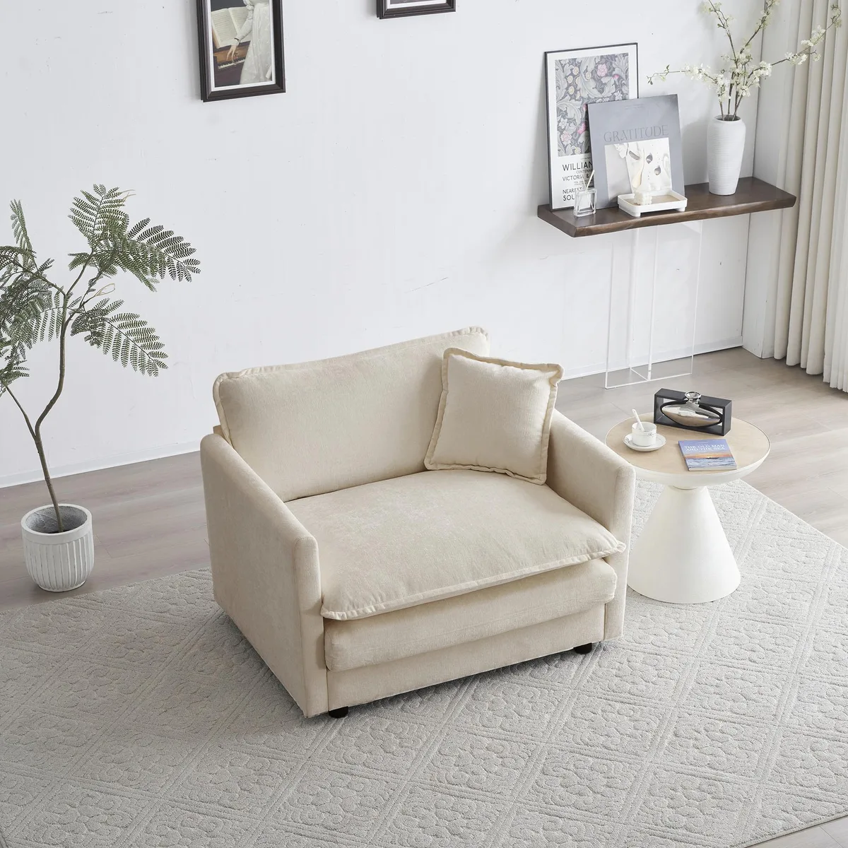 Beige chenille single-seat sofa with toss pillow