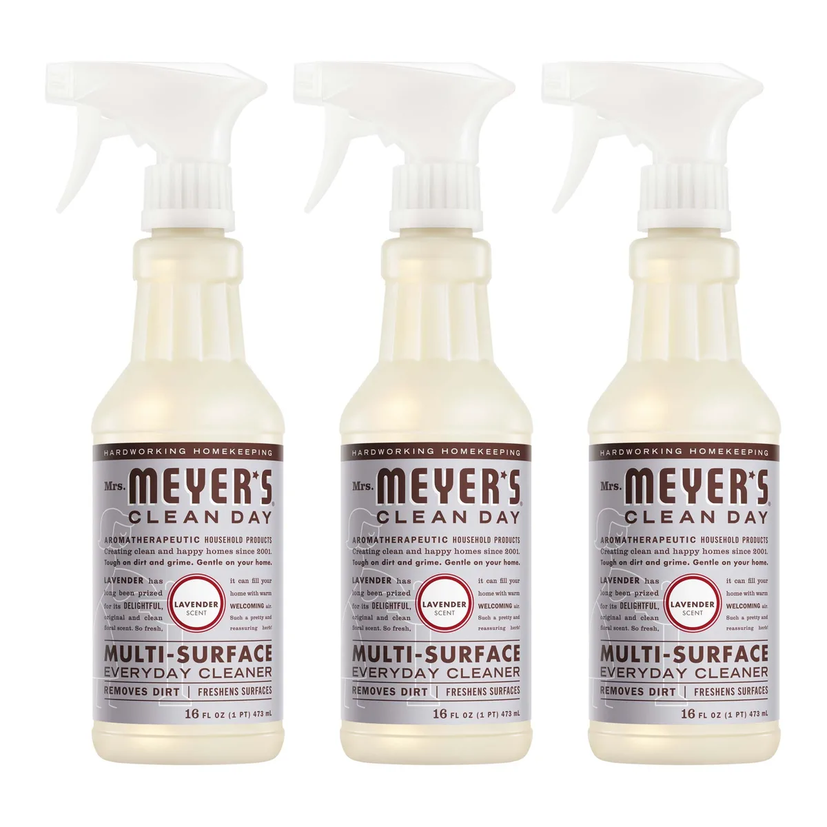 Three white 16 fl oz spray bottles with lavender-scented multi-surface cleaner