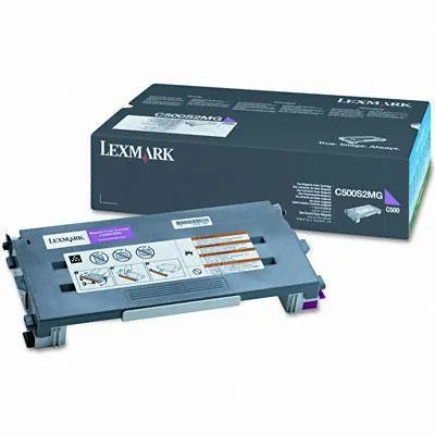 Rectangular magenta toner cartridge in sealed packaging