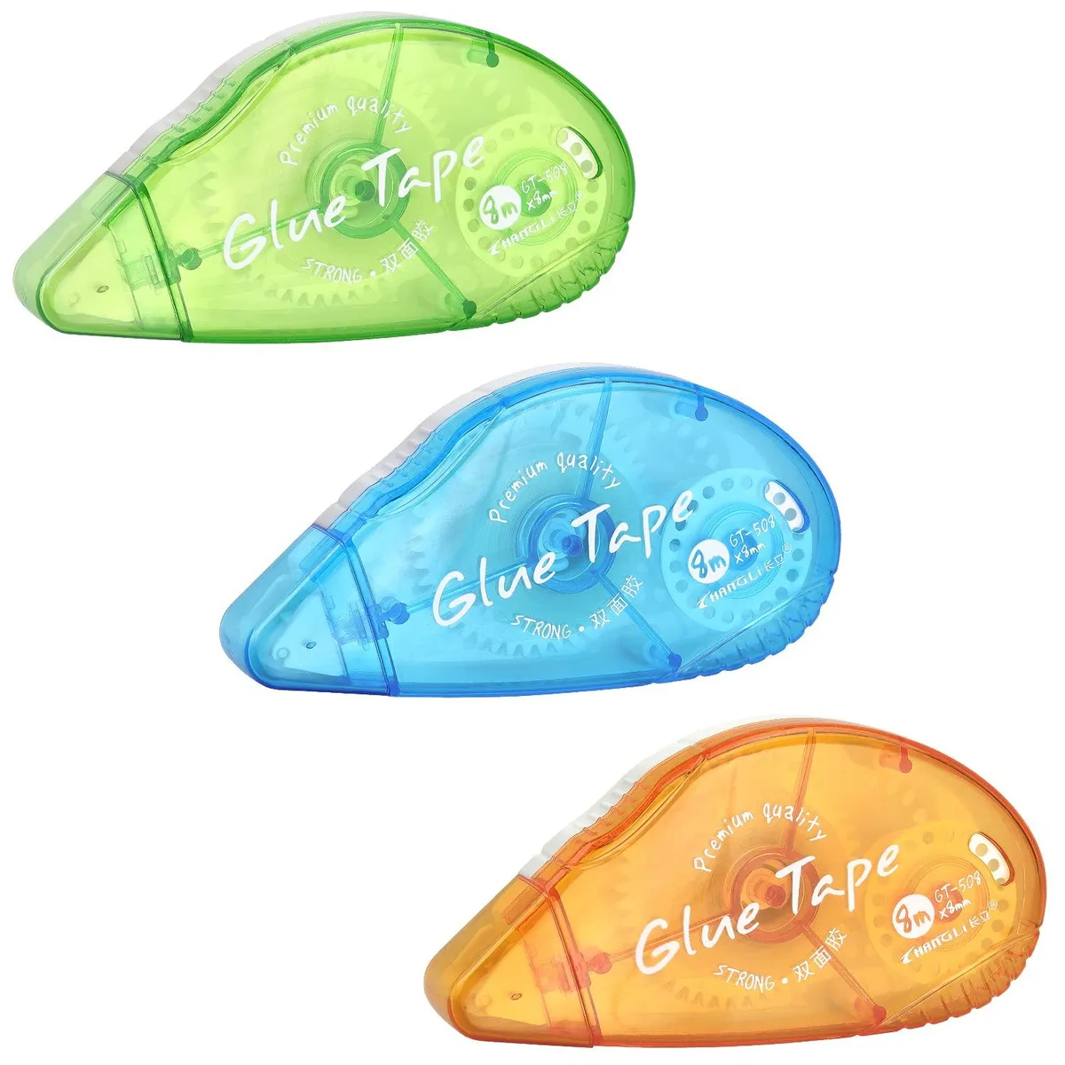 Three compact plastic tape rollers in green blue and orange finish