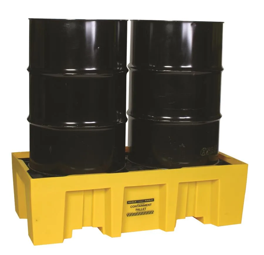 Yellow polyethylene spill pallet for two drums, low rectangular form with grid deck