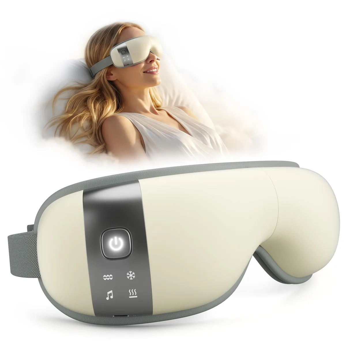 Creamy white eye massager mask with curved shape and soft leather contact surface