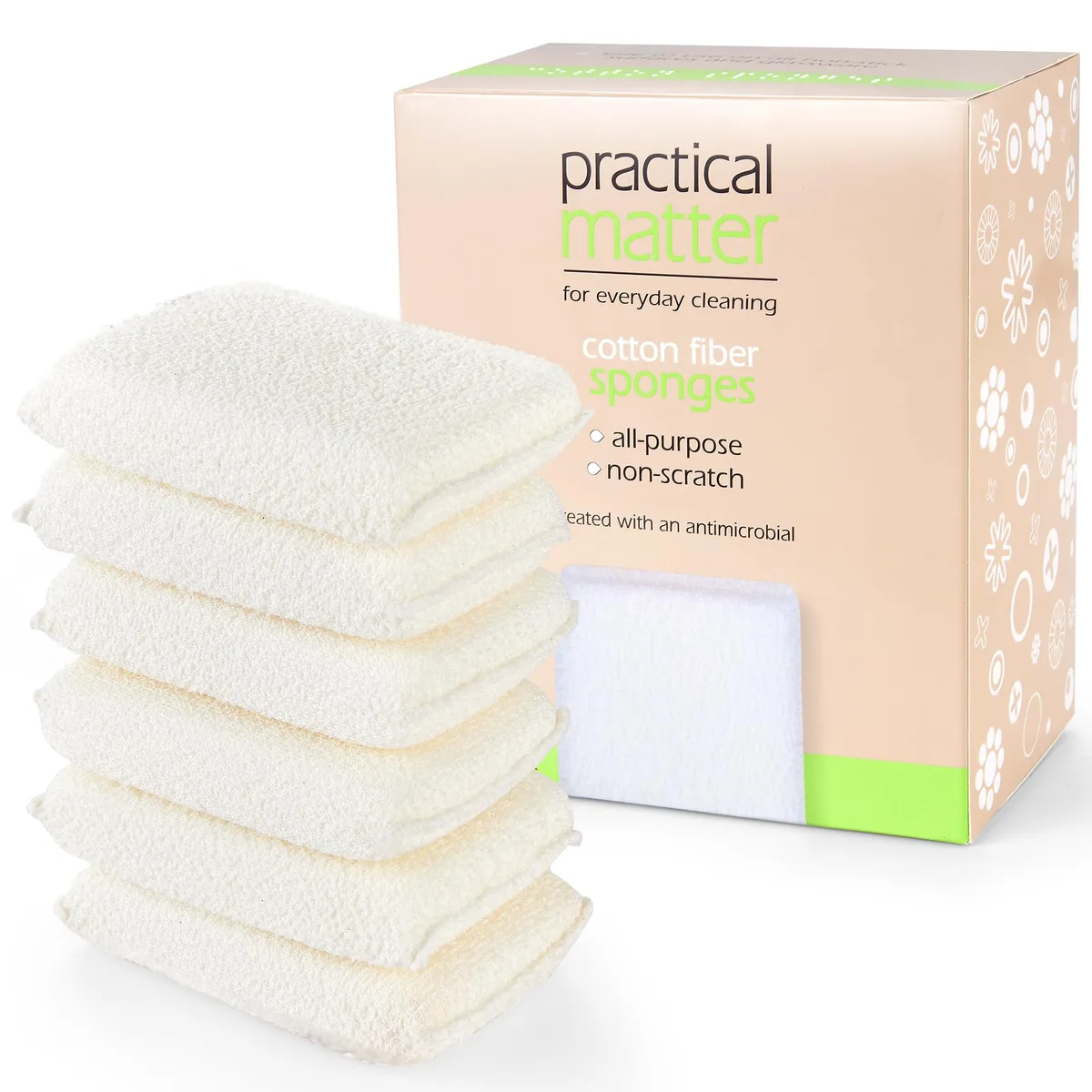 Six white organic cotton sponges in a rectangular pack
