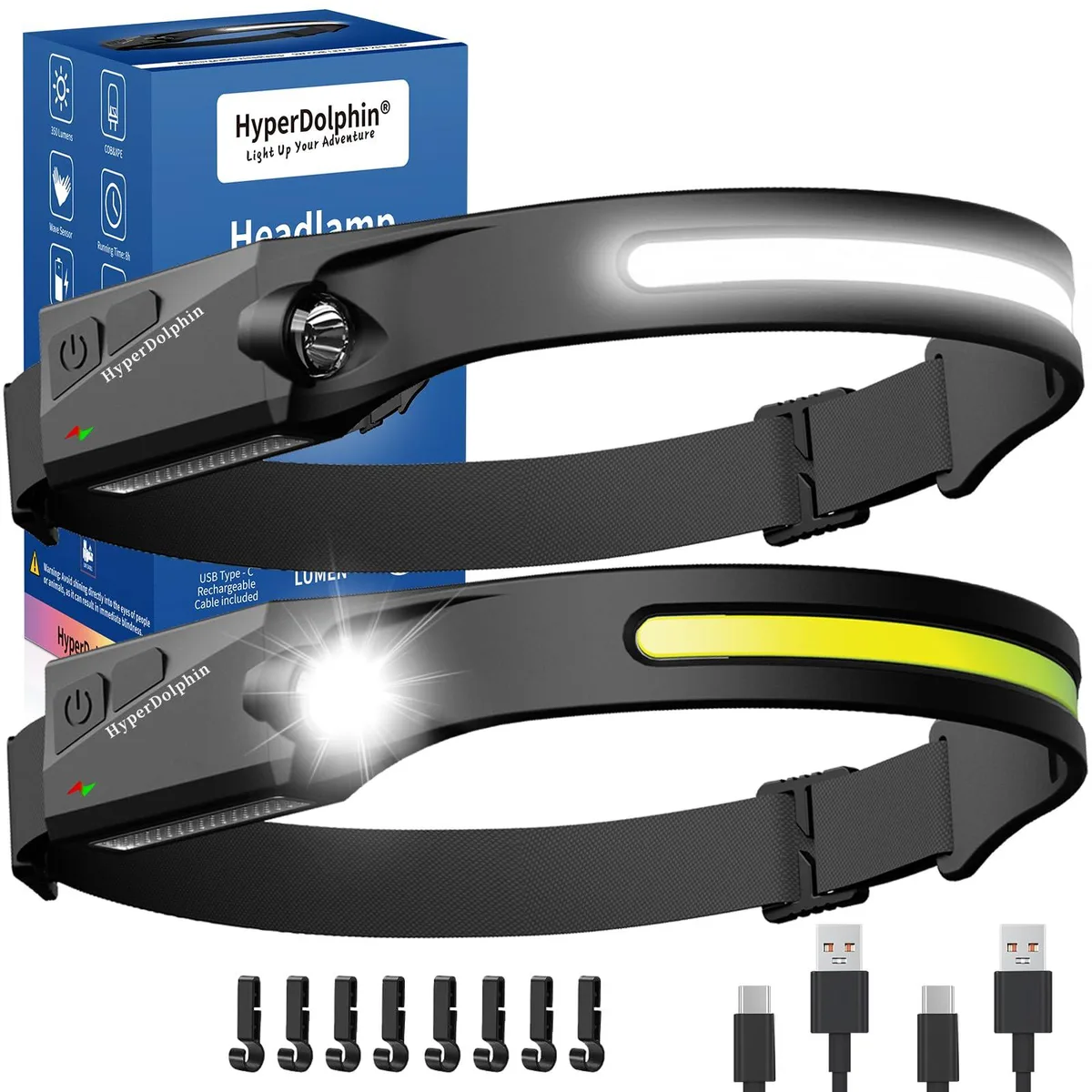 Two compact black LED headlamps with wide front lenses and adjustable straps shown side by side