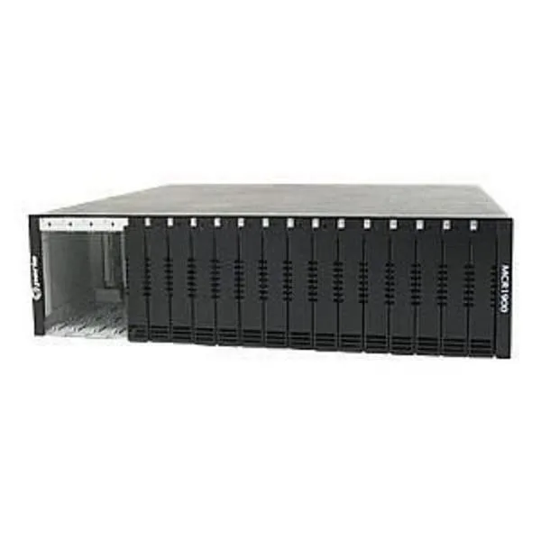Silver 2U rackmount media converter chassis with front slot openings
