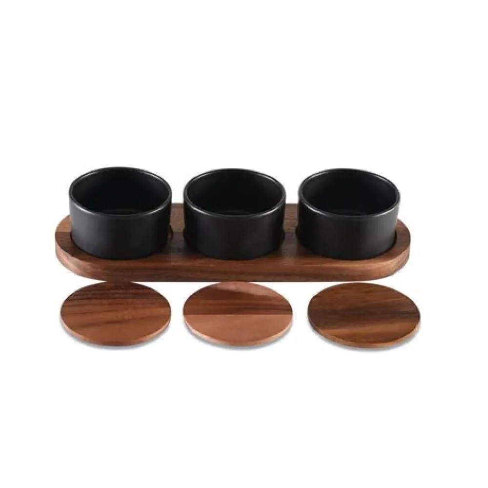 Kalmar Home Kalmar Home Ceramic Condiment Set 3 Bowls Acacia Base Black — product photo