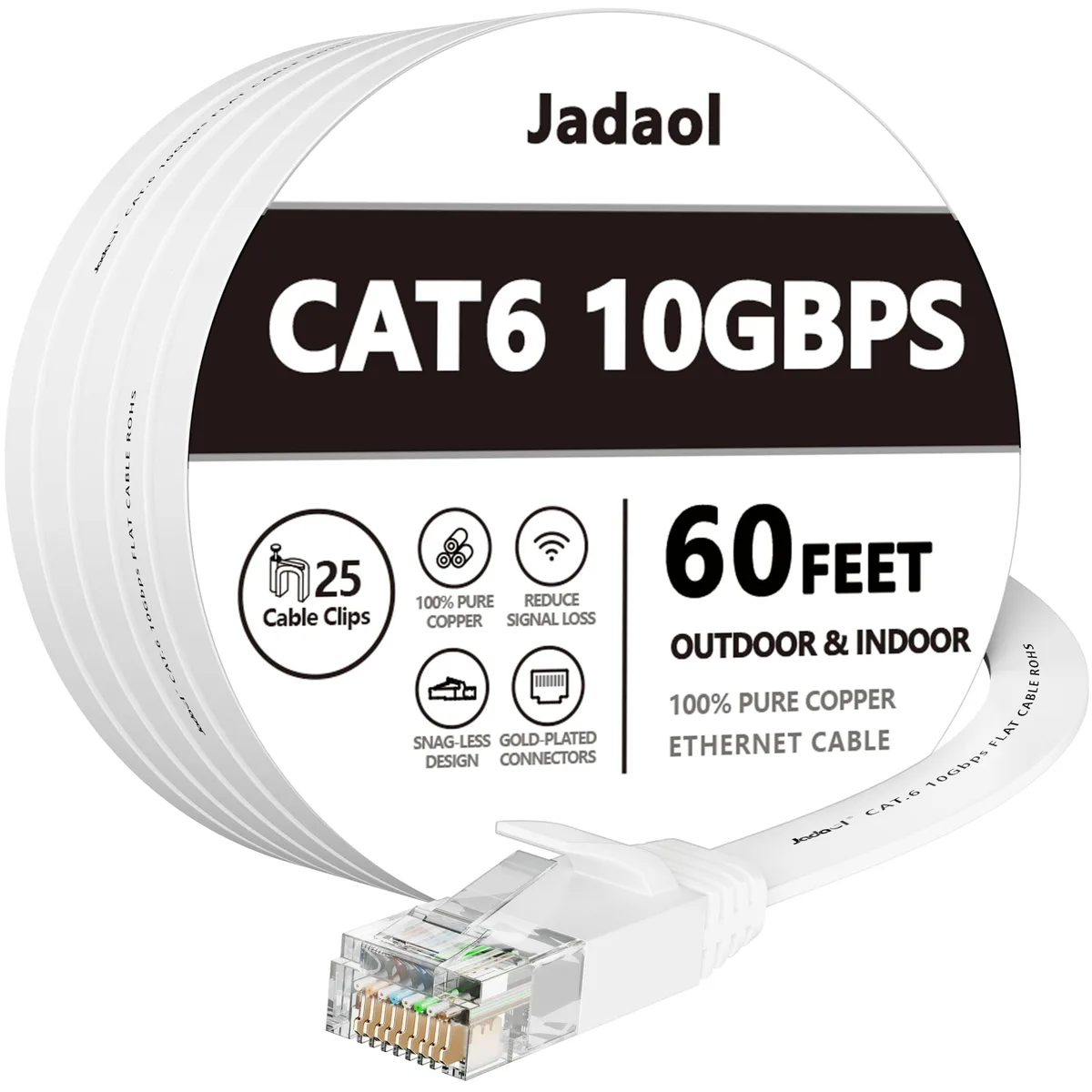  Jadaol Cat6 Flat Ethernet Cable 60 ft White 30 AWG — product photo