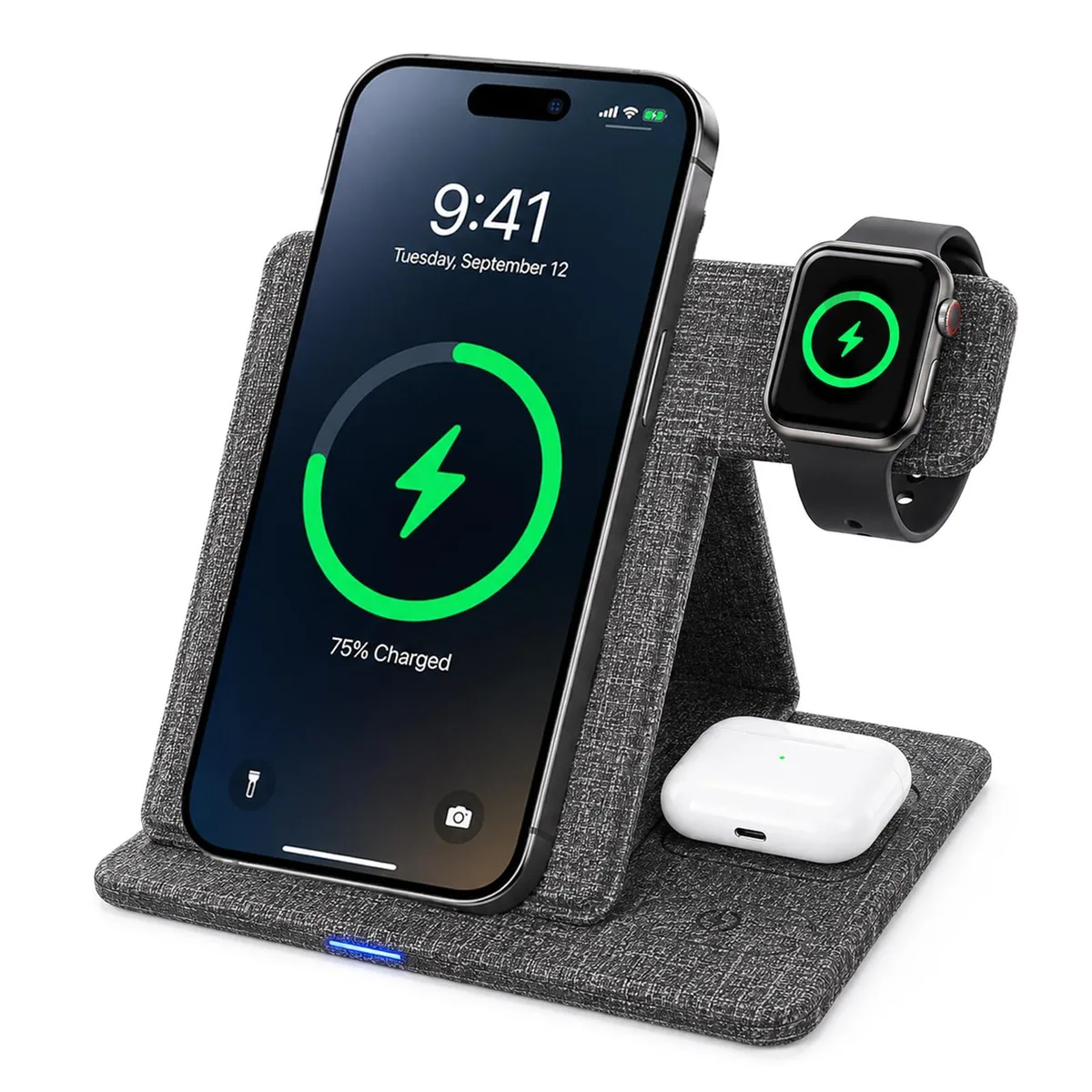Gray fabric foldable 3-in-1 wireless charger stand for iPhone, Apple Watch and AirPods