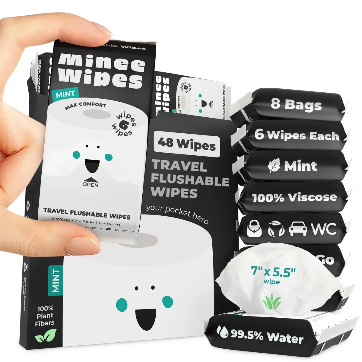 Eight small rectangular mint-scented wipe packs in a larger box