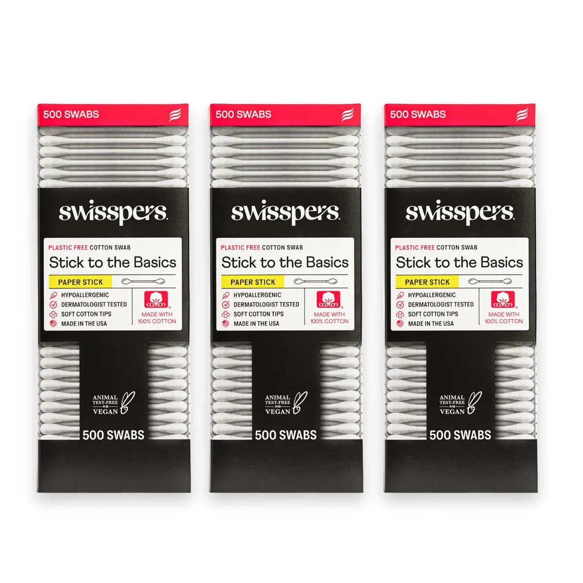 Three boxes of white cotton swabs with paper sticks
