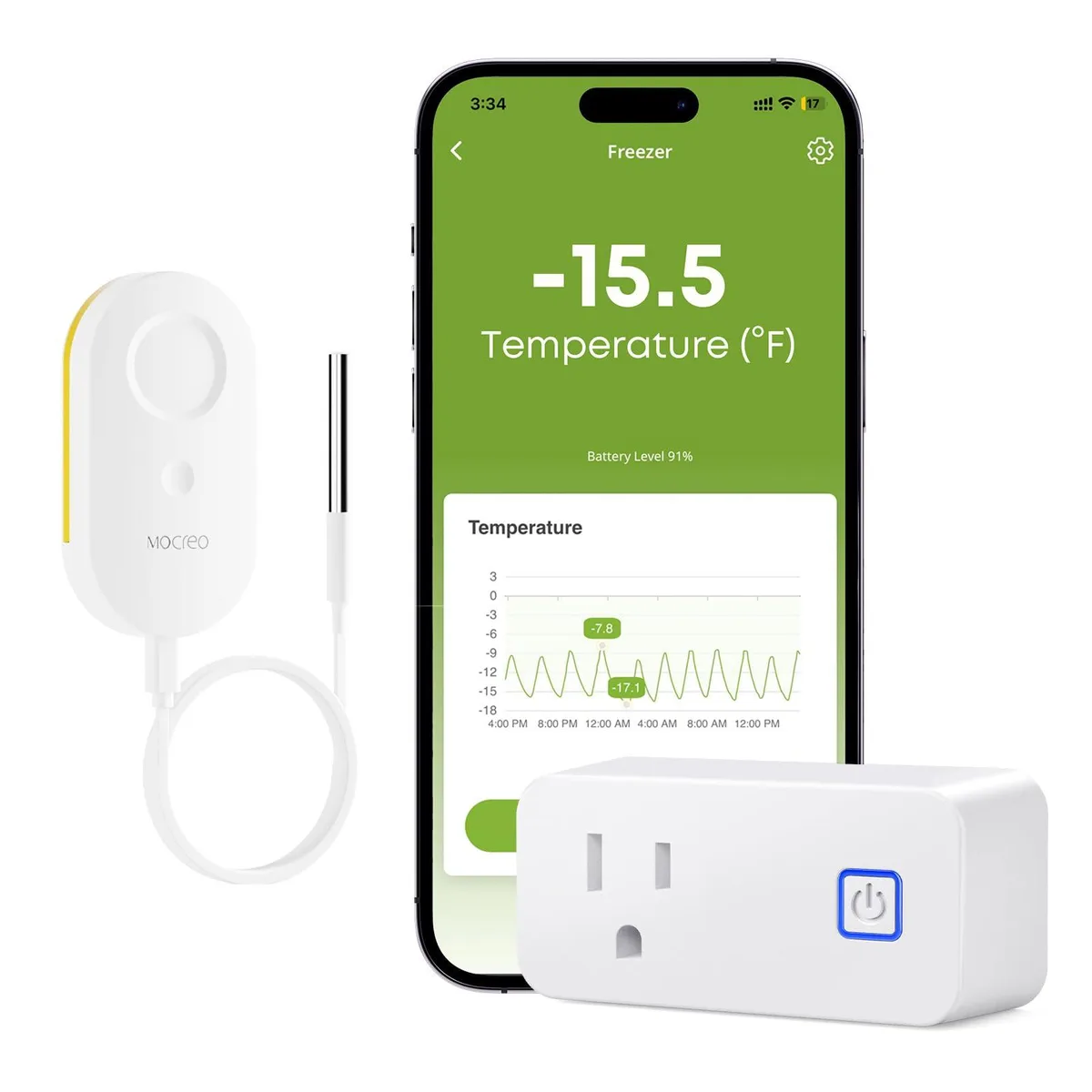  MOCREO WiFi Freezer Thermometer White -40°F to 257°F ±0.9°F 80dB Alarm 2yr Battery 30 Sensors — product photo