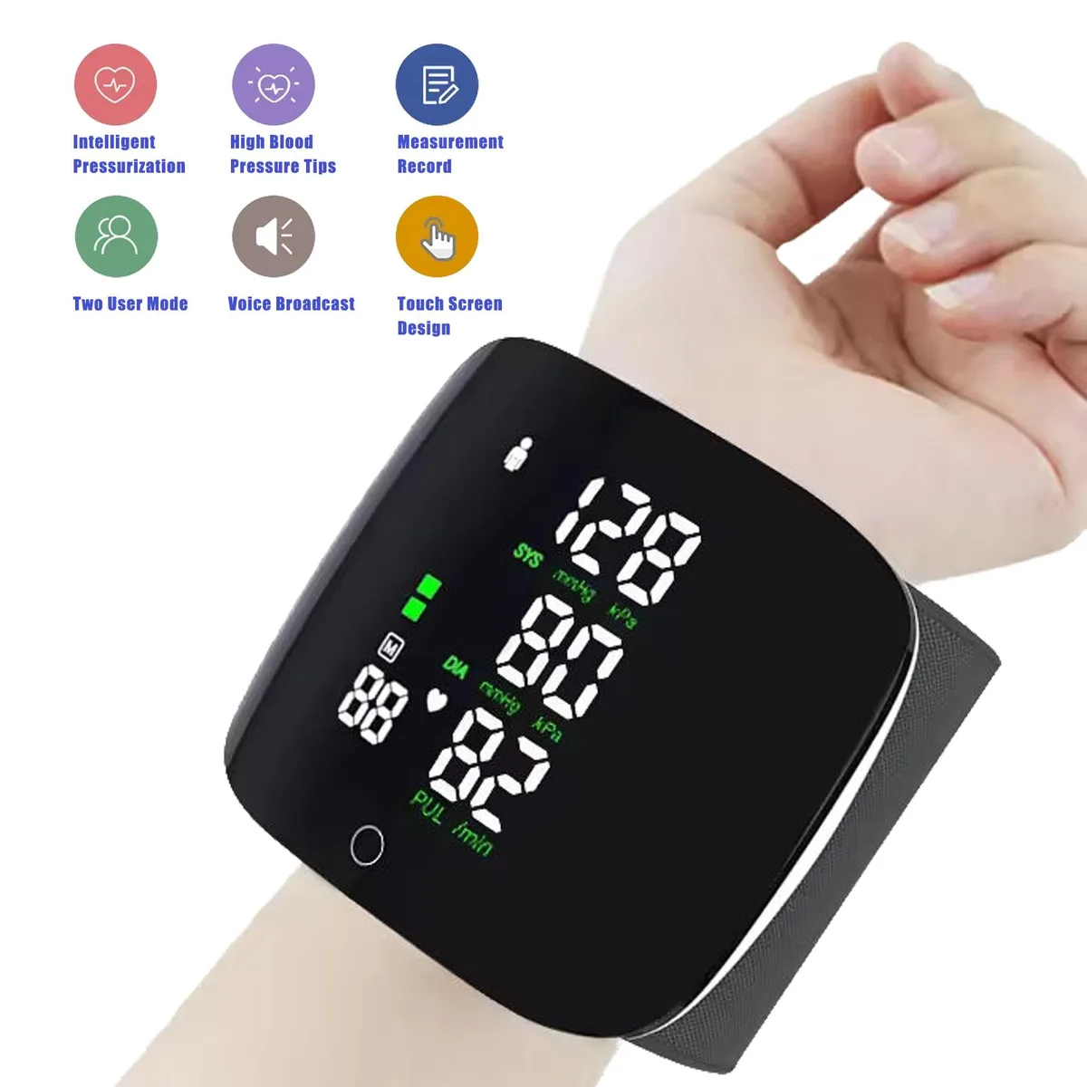 Mericonn Mericonn Wrist Blood Pressure Monitor Black 2x99 Memory Voice LED Touch Screen — product photo