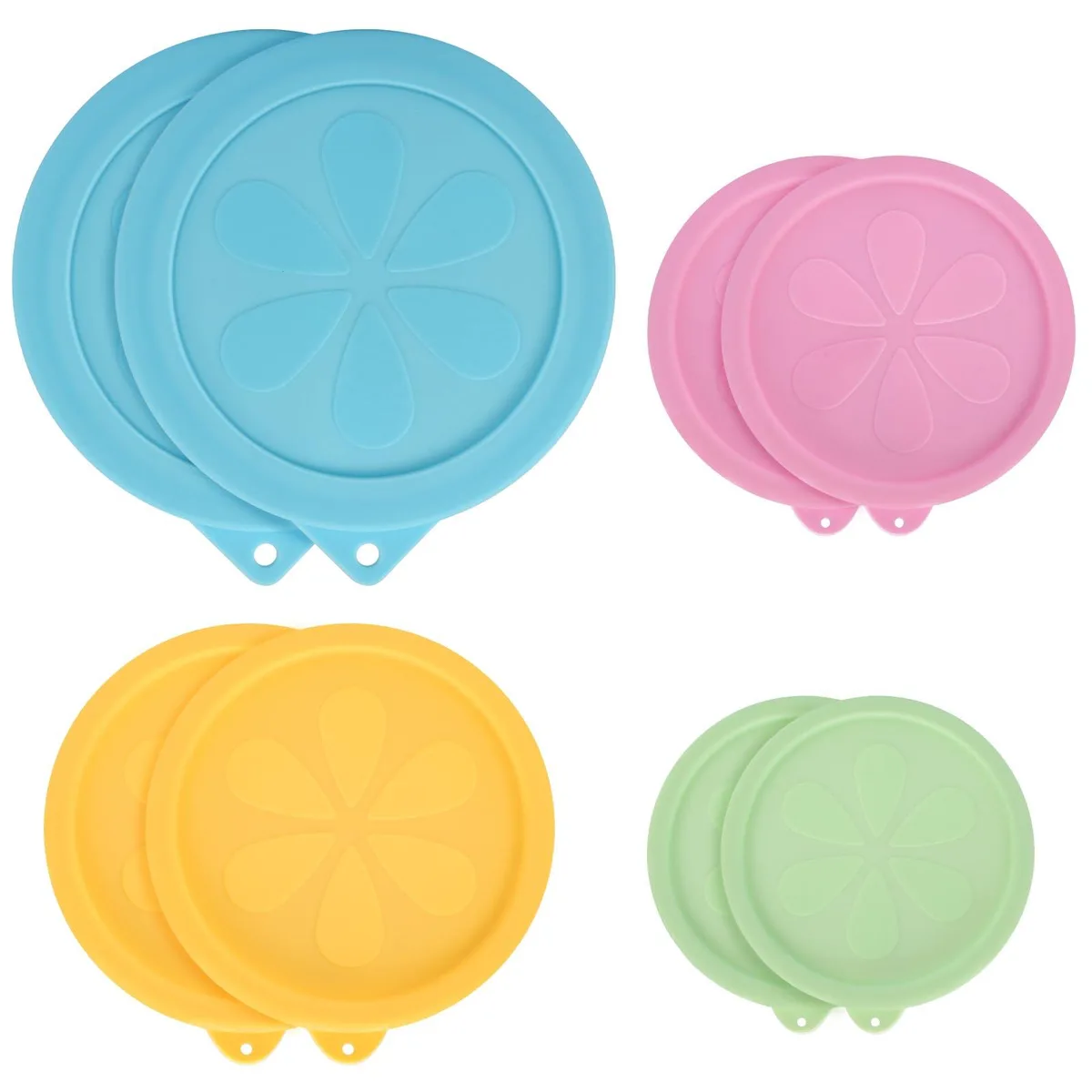Eight round blue silicone lids with hanging holes
