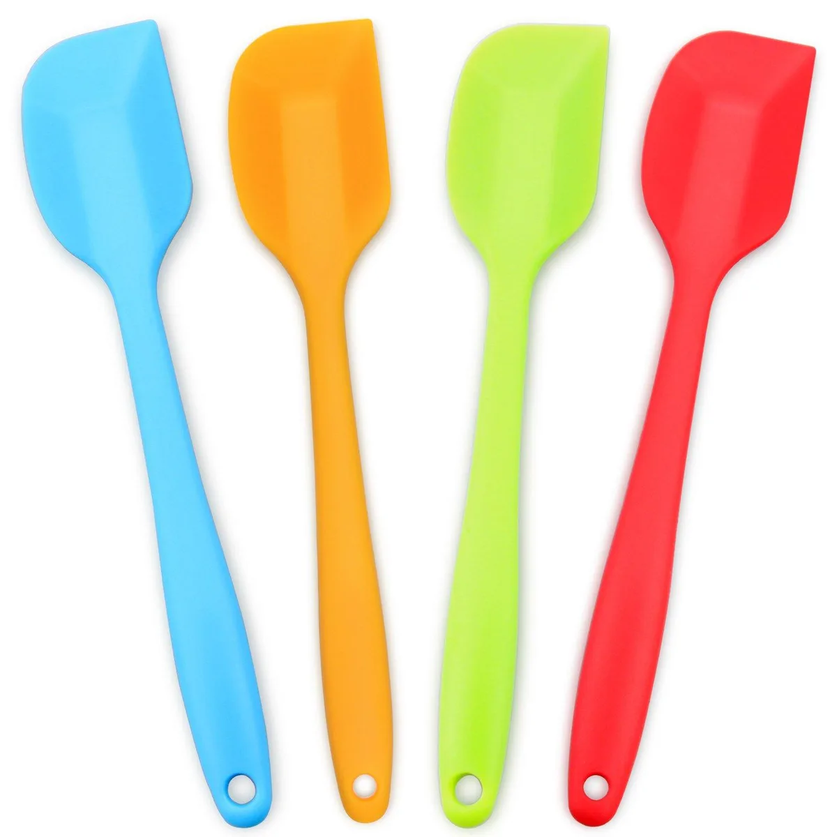 Four silicone spatulas in blue, orange, green, red, each 10.83 in long with steel core