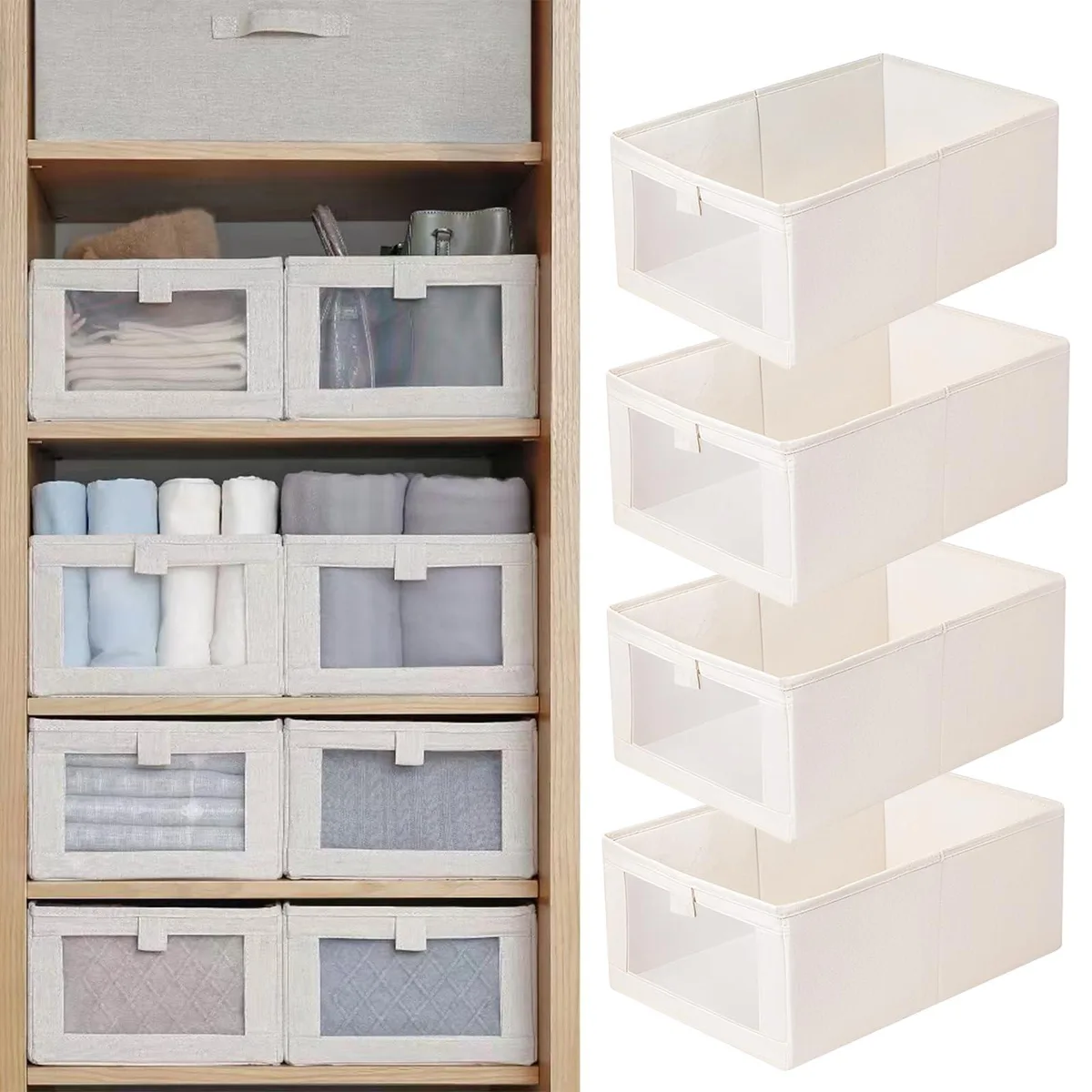 Four rectangular fabric bins with clear front windows, folded flat, neutral linen colour