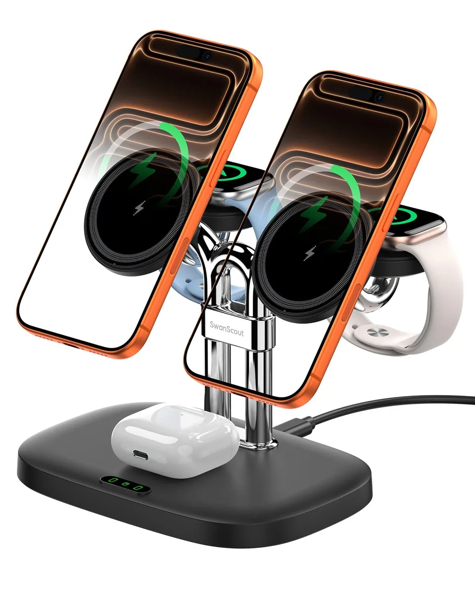 White magnetic charging stand with two phone pads, two watch chargers, and earbuds area