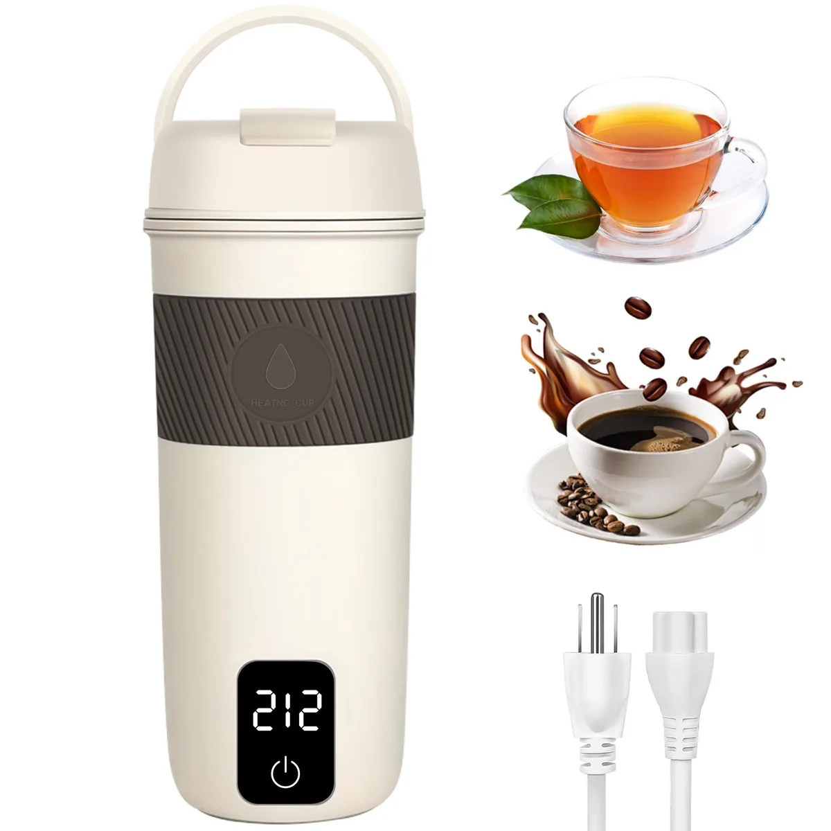 White portable electric kettle with digital display and silicone sleeve
