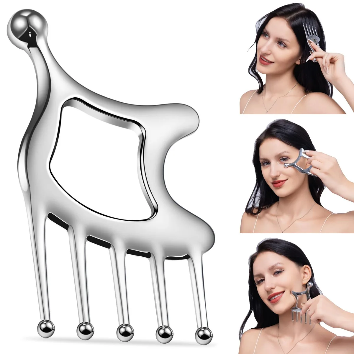 Stainless steel gua sha scalp massager with finger-like tines and hollow handle