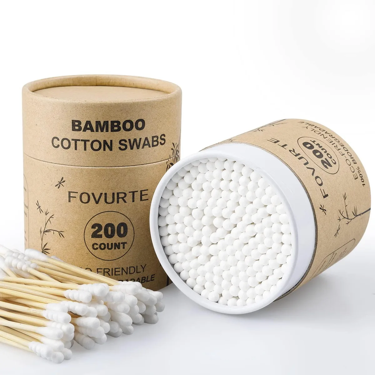 Two cardboard boxes holding 400 bamboo cotton swabs with spiral and round tips