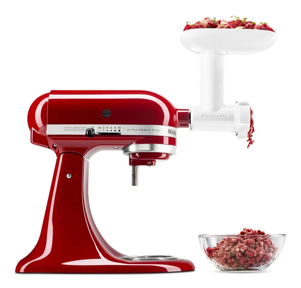 White KitchenAid food grinder attachment with hopper and tray