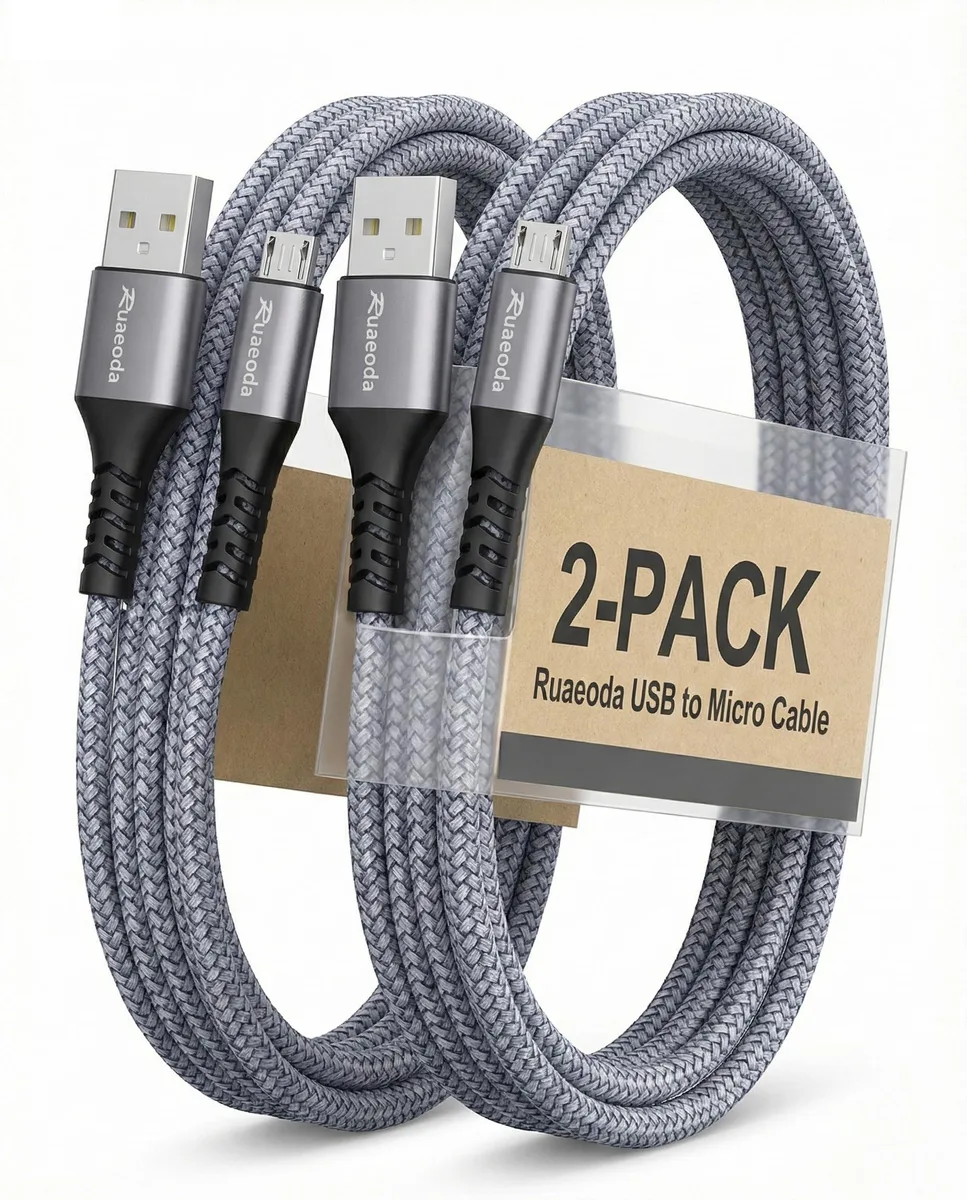 Two space grey braided Micro USB cables with aluminium connector shells, 6 ft each