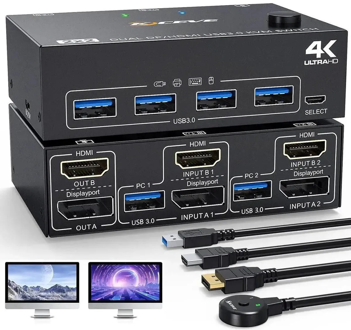 Vszerda Vszerda KVM Switch 2 PC 2 Monitors 4K 60Hz 2K 120Hz HDMI 2.0 DP 1.4 4 USB 3.0 Wired Remote — product photo