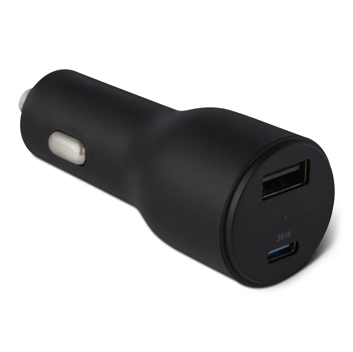 Black cylindrical car charger with USB-C and USB-A ports and white LED