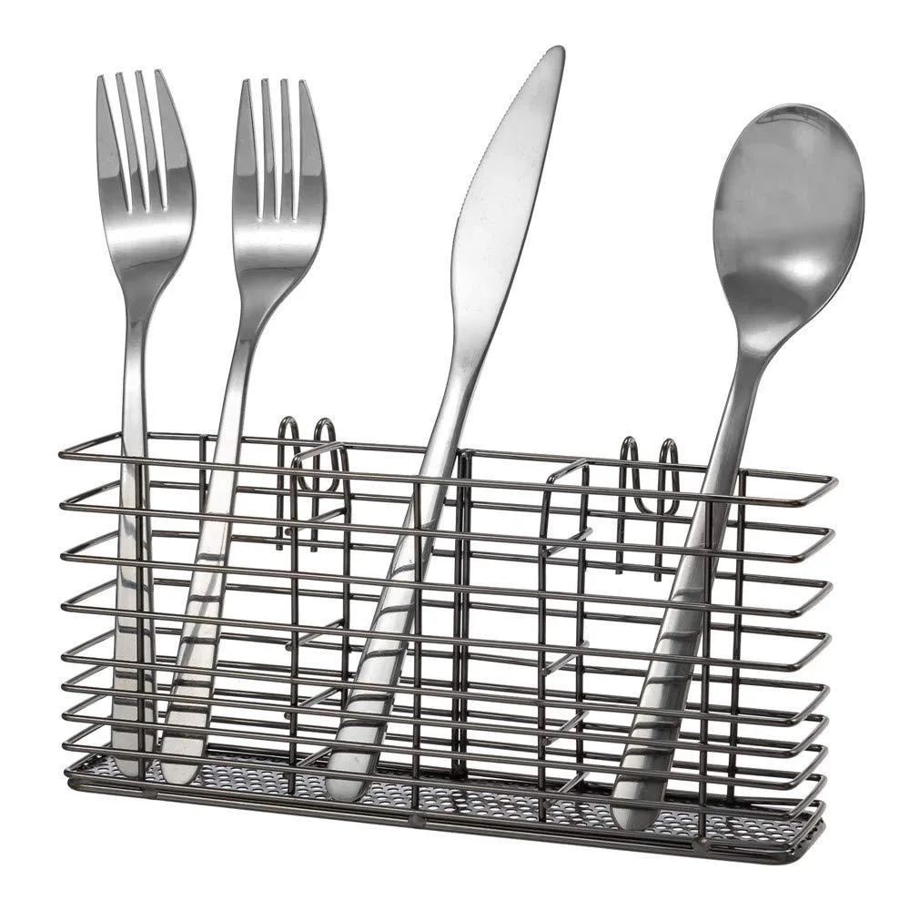 Black stainless steel utensil drying rack with three compartments and hanging hooks