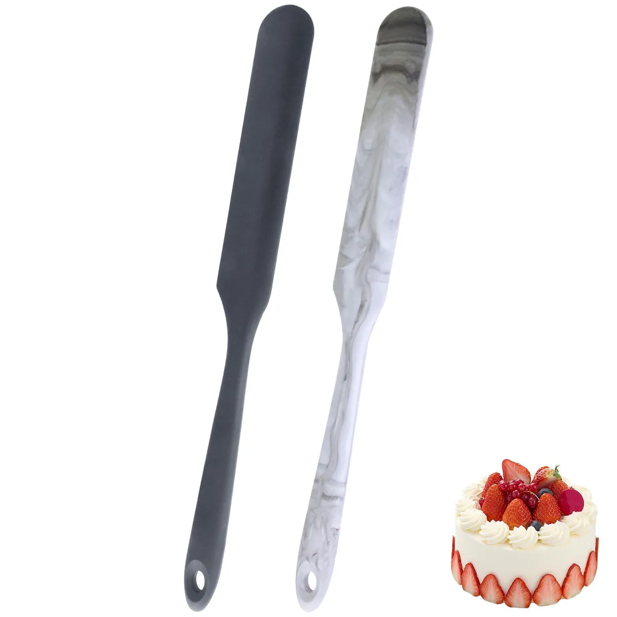 Two long thin silicone spatulas, pale colour, hanging loops, 13 inch