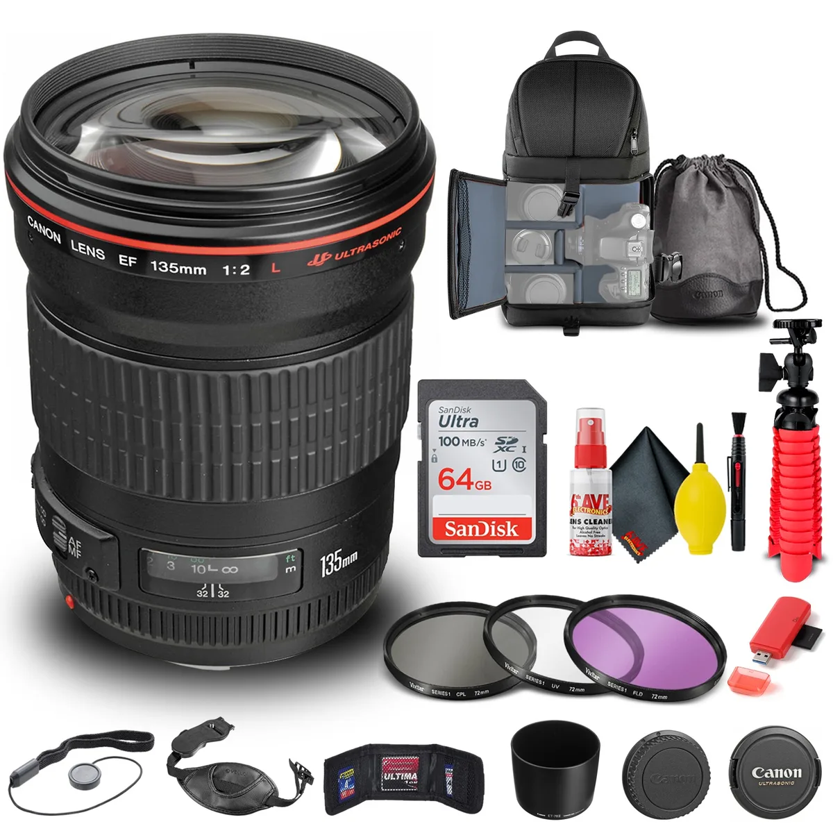 Canon Canon EF 135mm f/2L USM Lens Bundle with 72mm Filter Kit, Backpack, 64GB Card and Accessories — product photo