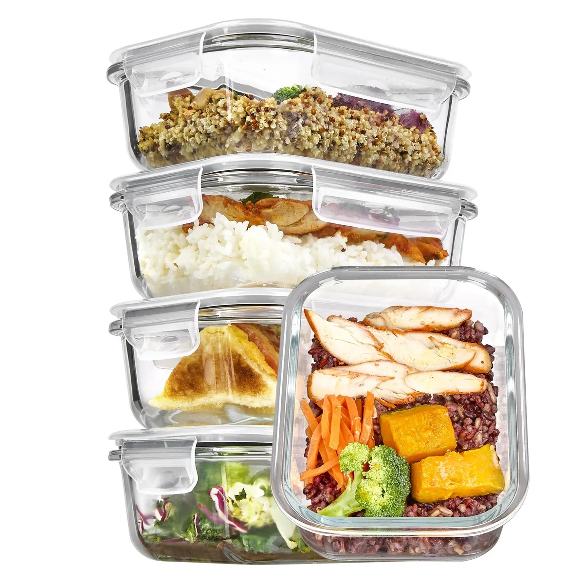 Five rectangular red glass containers with grey snap lids