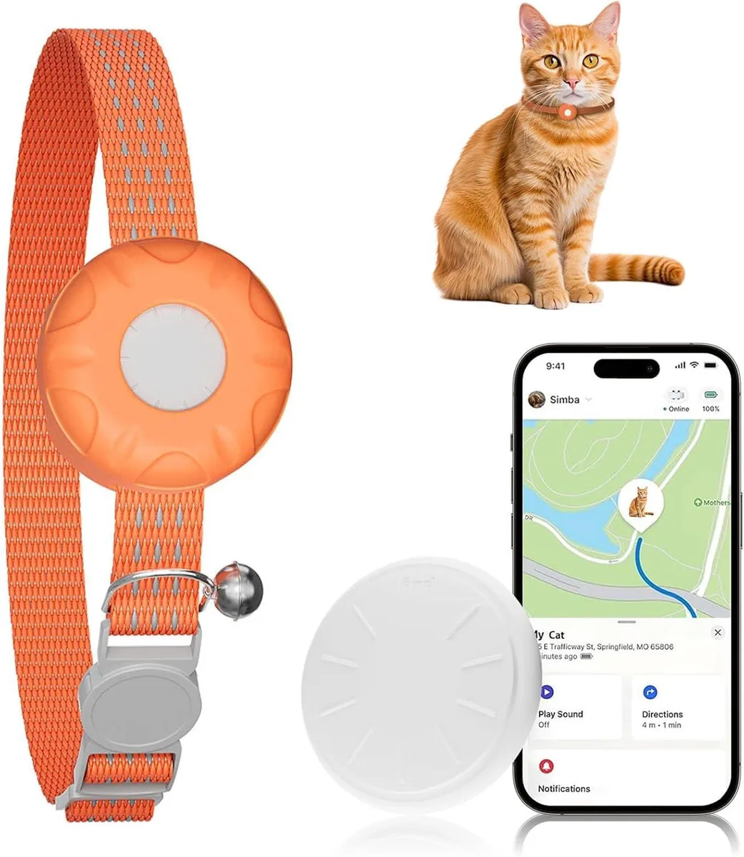 Small orange plastic pet tracker with elastic collar buckle