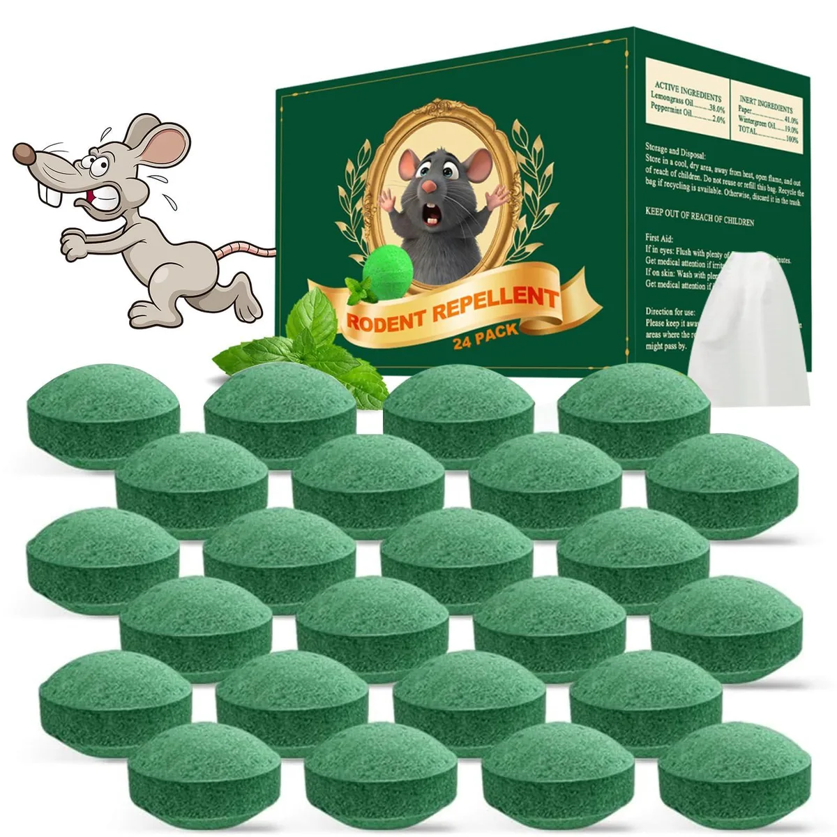 Twenty-four peppermint oil repellent pouches in individual mesh bags inside a sealed plastic pack