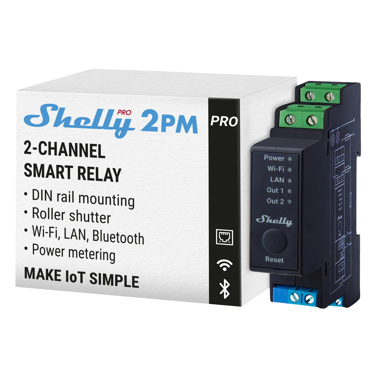 Shelly Shelly Pro 2PM 2-channel DIN rail relay 16A 25A — product photo