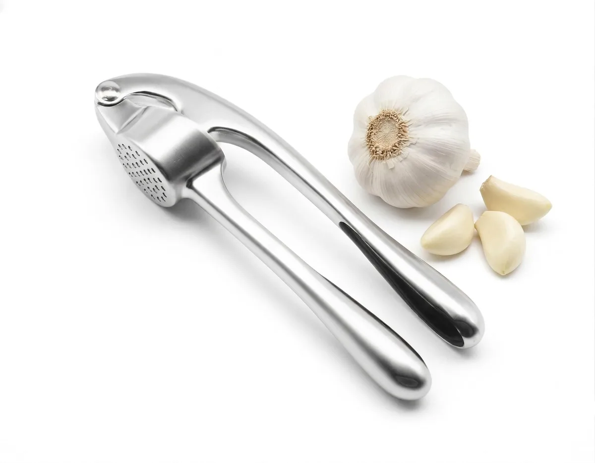 Polished silver zinc-alloy garlic press, 6.5" long, curved handles, hinged chamber open