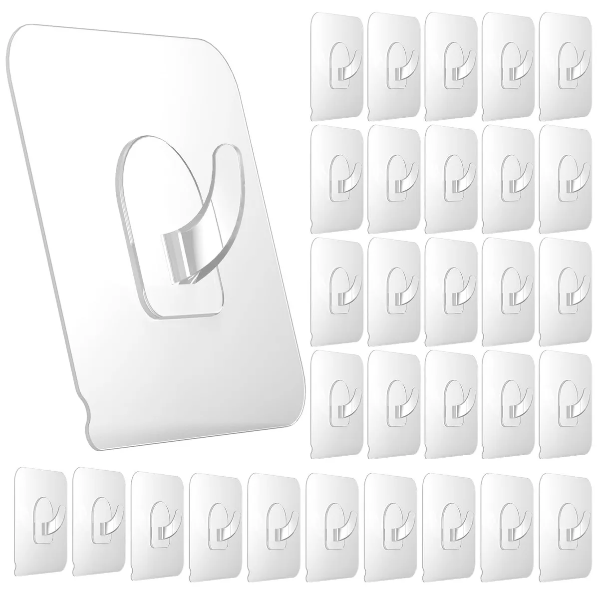 Clear plastic adhesive hooks in a pack of 30