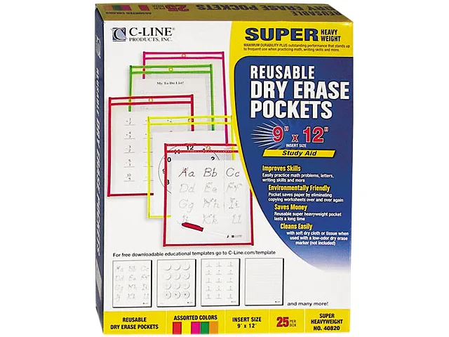 C-Line C-Line Reusable Dry Erase Pockets 9 x 12 Assorted Neon Colors 25/Box 40820 — product photo
