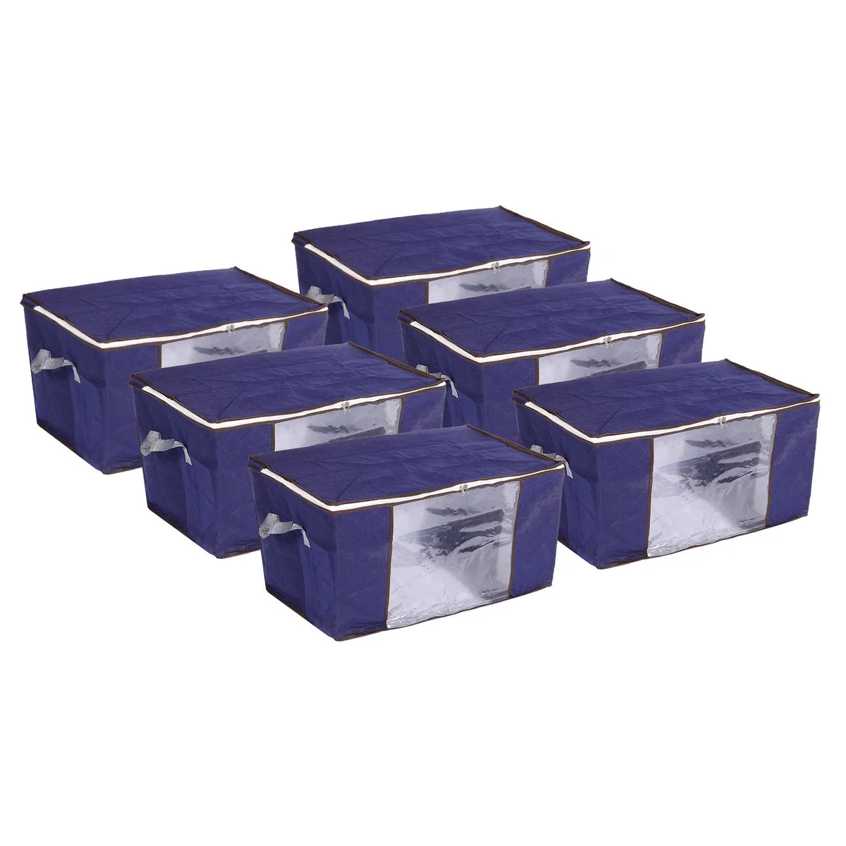 Six folded dark-blue fabric storage bags with clear front windows and reinforced handles