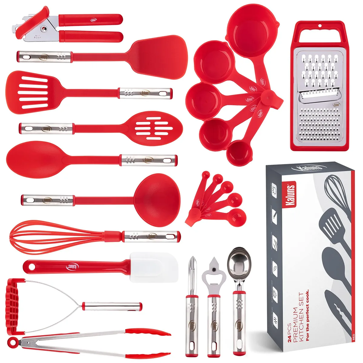 Red 24-piece nylon and stainless steel utensil set in a box