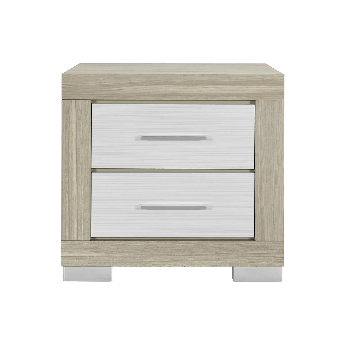 Two-tone natural and white nightstand with bar handle and block legs