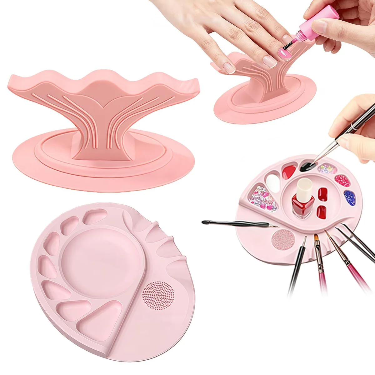 Pink silicone hand rest with finger separators and polish trays