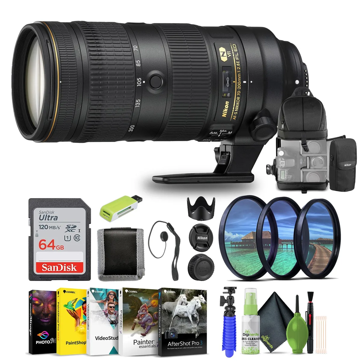 Nikon Inc Nikon AF-S NIKKOR 70-200mm f/2.8G ED VR II lens + 64GB card bundle — product photo