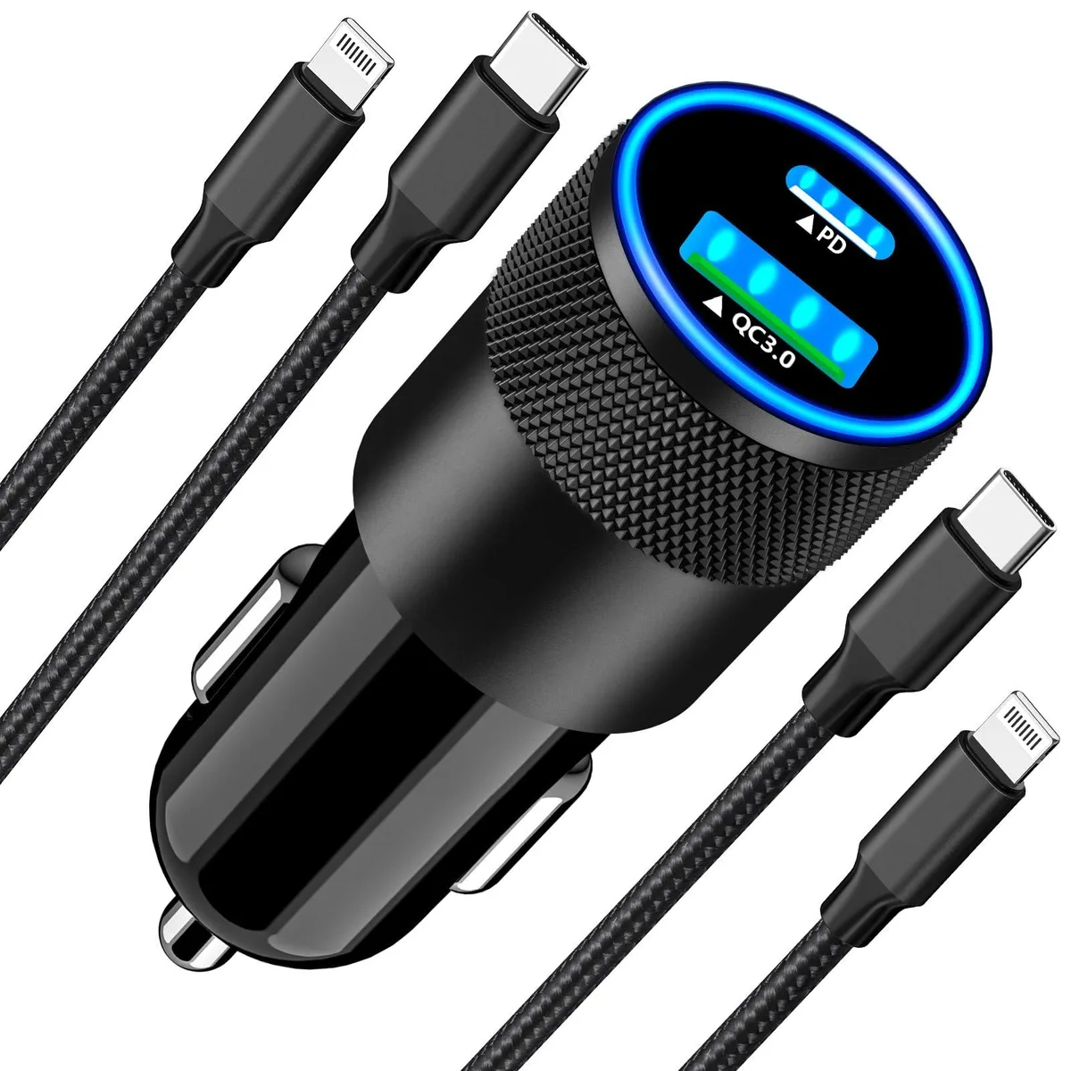  Rombica A2689 52.5W USB-C PD&amp;QC 3.0 Car Charger with 2Pack Lightning Cable Charcoal Black — product photo