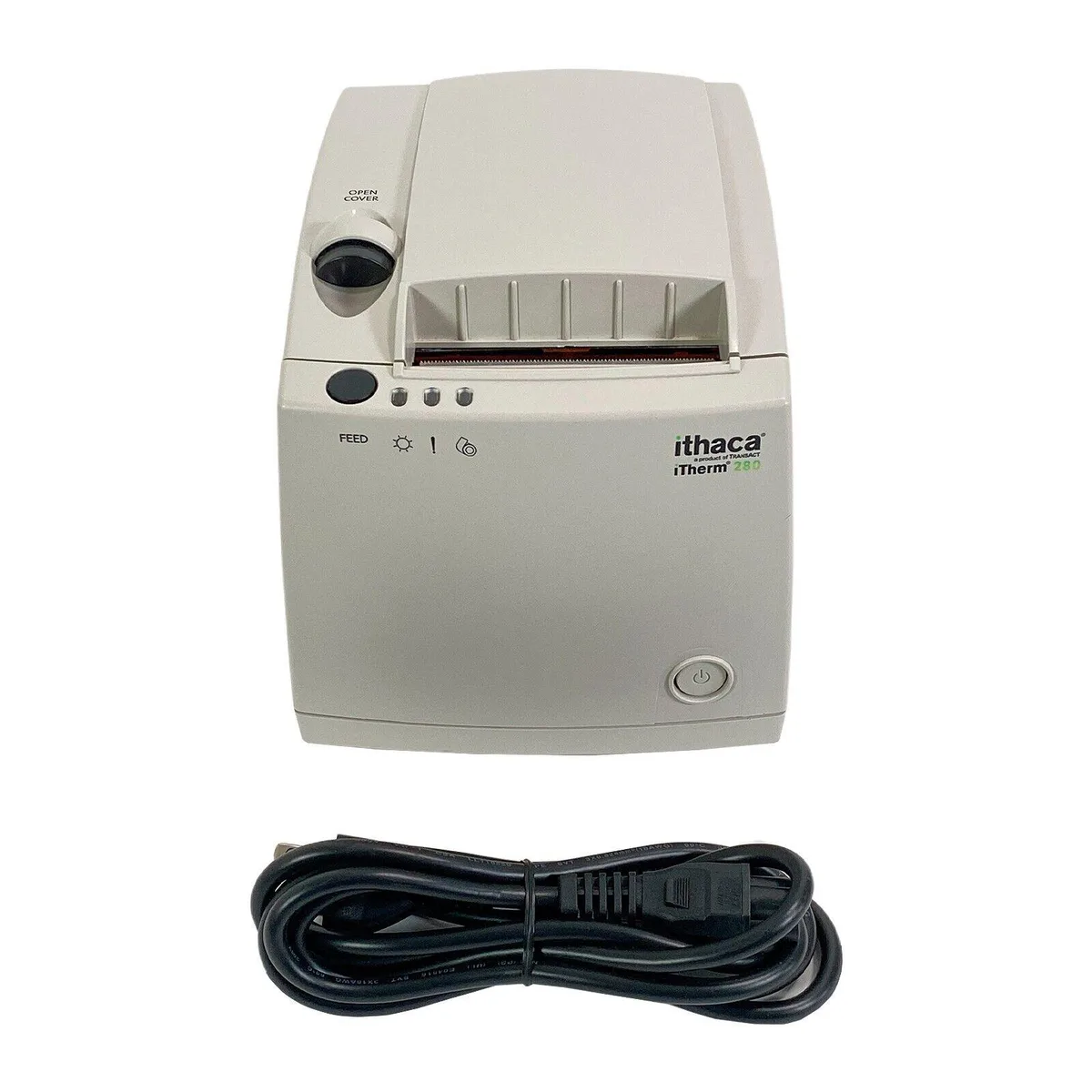 Compact thermal receipt printer in dark grey plastic with front paper exit and integrated cutter